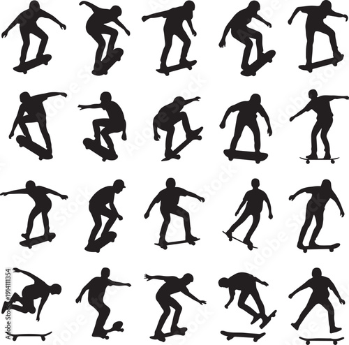 Collection of skateboarders in various poses and movements on skateboards
