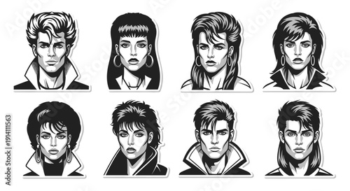 A captivating collection of eight black and white retro-style portraits, showcasing diverse 80s fashion and hairstyles with a distinct vintage aesthetic.