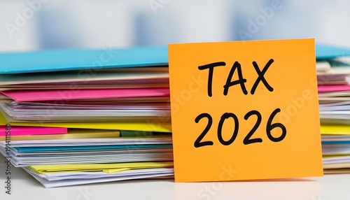 Orange sticky note labeled tax 2026 on of a stack of colorful files documents
