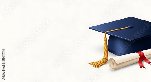 Graduation Cap and Diploma with Red Ribbon on White Background