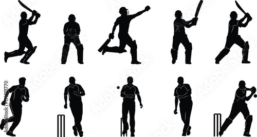 Cricket Player Silhouette Set, Batsman Batting and Bowler Bowling Action Poses with Wicket, Black Vector Illustration Isolated on White Background