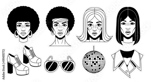 A captivating collection of 70s-inspired fashion and accessories, featuring diverse women's hairstyles, platform shoes, sunglasses, and a disco ball, evoking a nostalgic retro vibe.