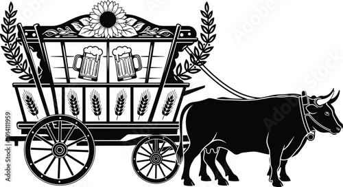 Black vector silhouette of a traditional ox drawn wagon decorated with wheat sunflowers and beer mugs for oktoberfest bavarian festival and agricultural harvest branding