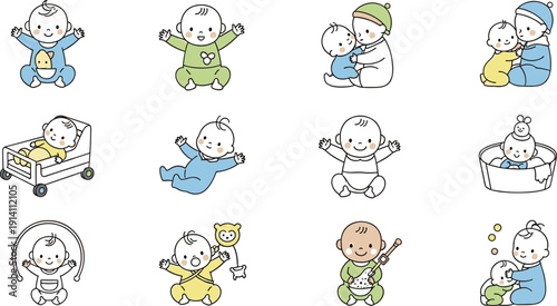 Cute Baby Activity Illustration Set with Infants Playing, Crawling, Bathing, Sleeping and Early Childhood Care Cartoon Collection