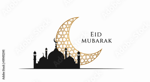 Elegant eid mubarak greeting with black mosque silhouette and gold crescent moon