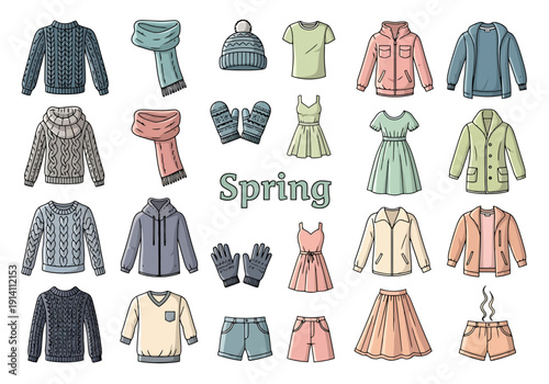 Collection of Casual Spring Apparel for Women and Men Including Sweaters Jackets Dresses Skirts Shorts Scarves Hats and Gloves