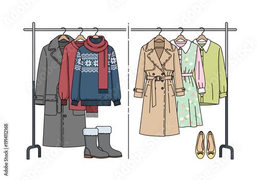 Organized Wardrobe Racks Displaying Seasonal Clothing Options Including Coats Sweaters Boots Dresses and Shoes for Fashion Choice Selection