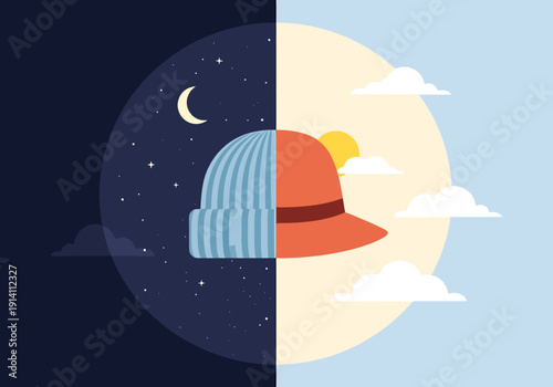Concept of Transition Between Day and Night Represented by Divided Hat Symbolizing Change Over Time and Opposing Conditions