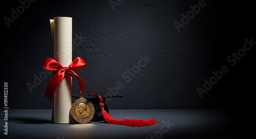 Graduation Diploma with Medal and Mortarboard on a Dark Background