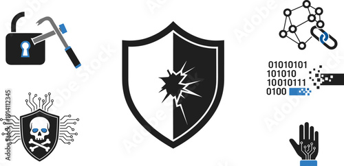 Cyber Security Protection Icon Set with Data Encryption, Digital Shield Defense, Blockchain Network and Hacking Threat Vector Illustration