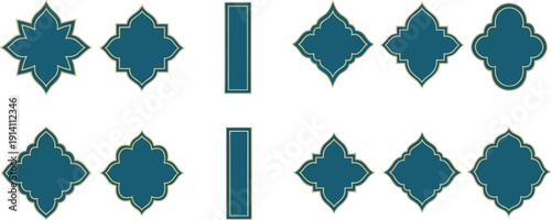 Dark teal ornamental geometric tile set with gold borders, traditional decorative motifs, symmetrical shapes for cultural, architectural, and artistic design concepts