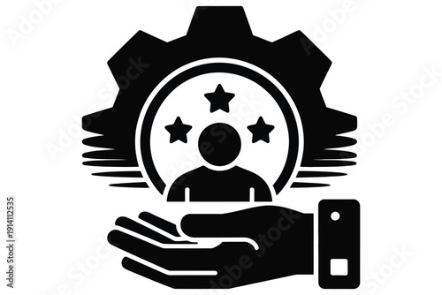 Customer service support concept with hand holding human icon in gear and stars symbol and communication icons for help desk business vector illustration