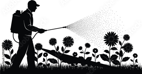 Black vector silhouette of a worker using a backpack sprayer for garden pest control flower fertilization and agricultural crop maintenance branding in a field