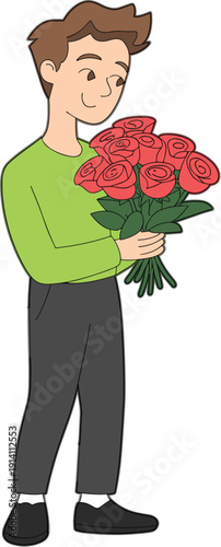Young man holding bouquet of red roses, romantic gesture illustration, boyfriend with flowers for date or celebration isolated on white