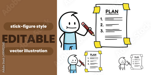 Stick Figure Character Writing Business Plan or To Do List on Paper with Sticky Notes