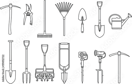 Essential gardening tools collection, pickaxe, rake, shovel, watering can, spade, cultivator, soil sensor, perfect for landscaping, planting, maintenance, outdoor work, agriculture