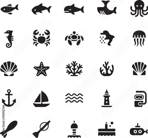 black silhouettes of various sea creatures and nautical objects on white background