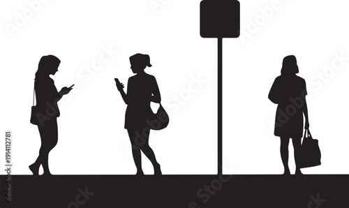 Three women standing near a sign using smartphones silhouette