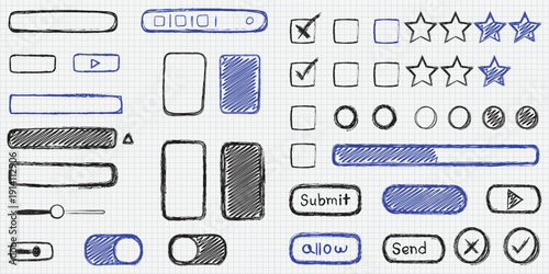 Hand Drawn UI Elements Set ,Sketch Website Wireframe Buttons, Forms and Icons