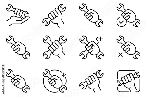 Set of human hands holding a wrench tools for maintenance service and auto repair work icons in line style isolated on transparent background