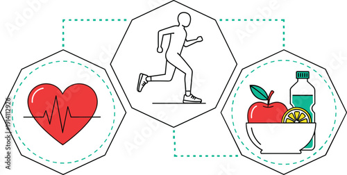 Healthy lifestyle hexagon icons illustration, heart health symbol, running exercise artwork, nutrition and hydration design, wellness concept graphic, fitness and diet sketch