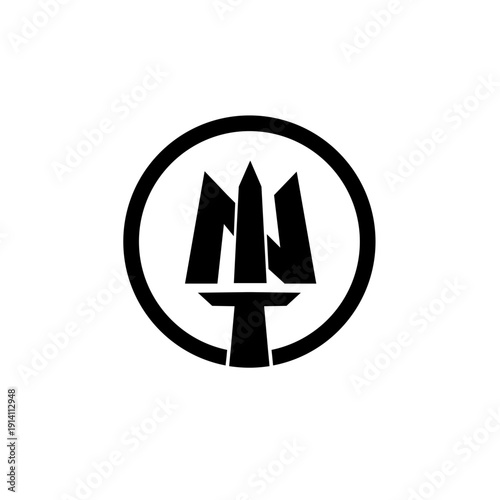 Abstract Trident Symbol in Circular Frame Black and White Logo Design