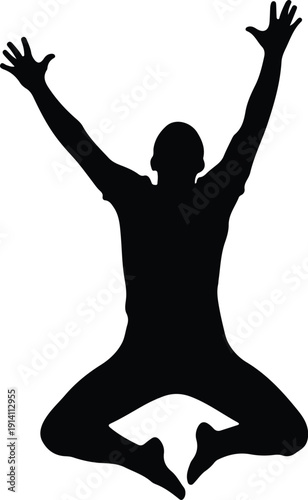 Silhouette of a joyful person jumping with arms raised high in celebration against a white background, conveying excitement and freedom.