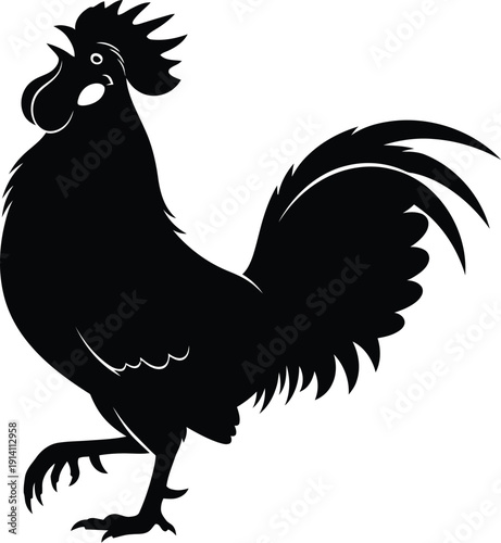 Rooster silhouette stands proudly with raised leg in stylized farmyard.