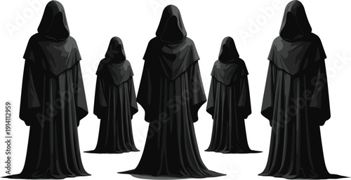 Five hooded figures in black robes, faceless silhouettes arranged in semi‑circle, eerie fantasy illustration symbolizing ritual, secrecy, and supernatural atmosphere