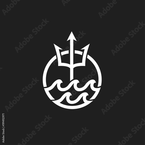 Minimalist White Trident and Ocean Waves Logo Design