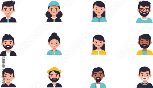 Diverse People Avatar Icon Set with Male and Female Characters, User Profile Faces, Multicultural Community and Social Media Vector Illustration