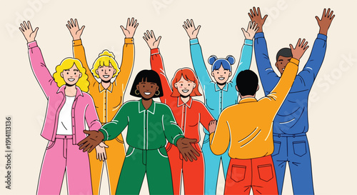 Diverse group of happy people in colorful jumpsuits with raised hands, celebrating unity and community, isolated vector illustration on a light background.
