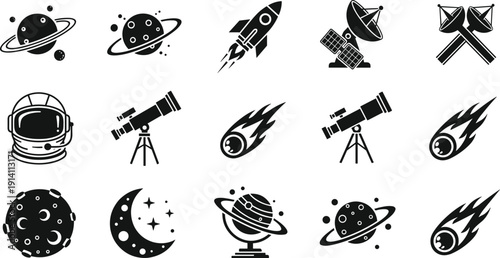 Minimalist space icons set, planets, rockets, satellites, astronaut helmet, telescope, stars, moon, black and white design, science, exploration, cosmos