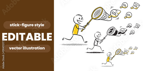Stick Figure Catching CO2 Emissions with a Net Carbon Capture and Climate Change Mitigation Vector
