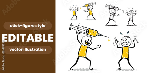 Medical Anxiety Doodle Cartoon Man Scared of Giant Needle and Vaccination