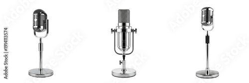 Set of Vintage Retro Microphones on Stands Isolated on White Background for Podcast, Broadcast, and Studio Recording