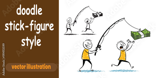 Stick Figure Dangles Money as Bait on Fishing Rod - Financial Incentive Concept
