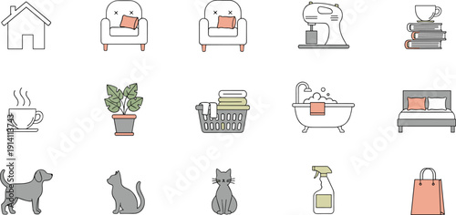 Home Lifestyle Icon Set with Furniture, Kitchen Appliances, Pets, Cleaning Supplies and Cozy Household Living Vector Illustration