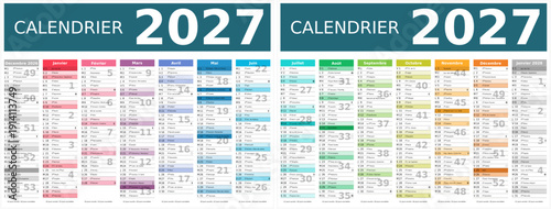 Calendrier 2027 14 mois au format 320 x 420 mm recto verso entièrement modifiable via calques et texte sans serif