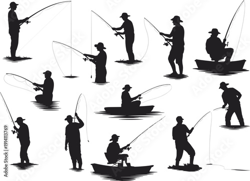 Fishing silhouettes vector collection, angler poses set, fisherman with rod isolated, lake river hobby clipart bundle pack design