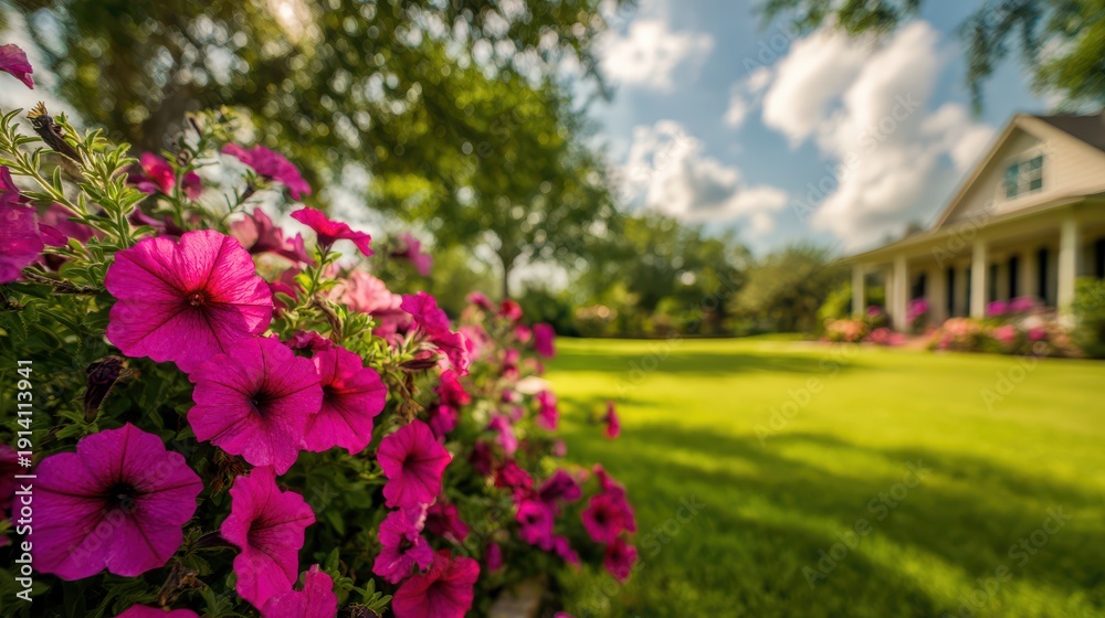 Obraz premium Vibrant pink petunia flowers blooming in a beautiful garden with a lush green lawn and house in the background on a sunny day