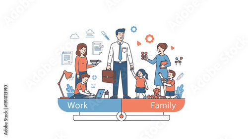 Illustration of a man balancing work and family life with colorful icons and characters on a white background with a mix of blue and orange tones.