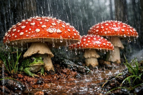 A small green frog sits on the ground beneath one of the three large fly amanita mushrooms sheltering from the heavy rain.