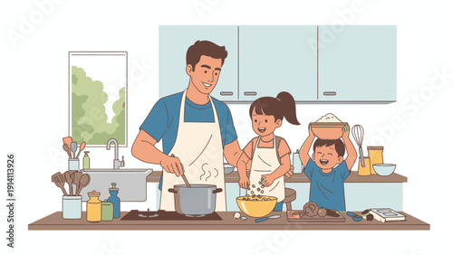 Illustration of a man and two children baking together in a kitchen with aprons on and various utensils around them.