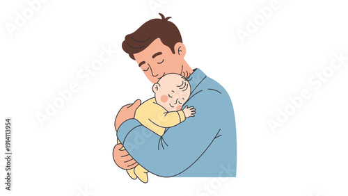 Illustration of a man holding and cuddling a baby against a plain white background with a warm and loving mood.