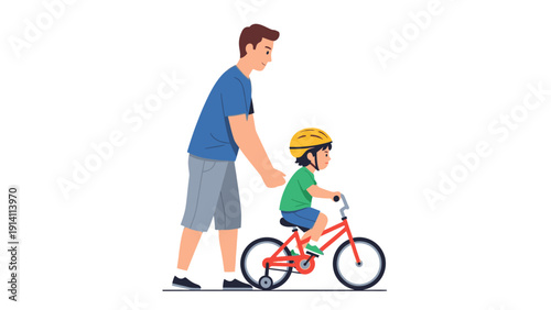 An adult holding the back of a child's red bicycle as they ride together on a white background with a focus on learning and safety.