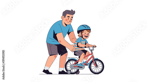 An adult assisting a child riding a bicycle with training wheels on a plain white background, wearing casual clothes and a safety helmet.