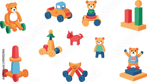 Kids Toy Illustration Set with Teddy Bears, Wooden Cars, Animal Figures, Building Blocks and Educational Play Objects Collection