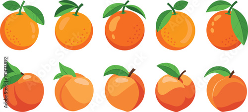 Cartoon orange and peach fruit set. Fresh citrus and sweet stone fruit with green leaves. Flat vector illustration isolated collection.