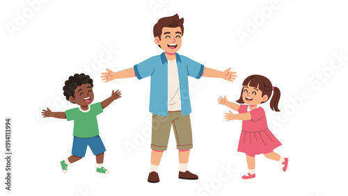 Illustration of a man with outstretched arms standing between a boy and a girl in a playful pose against a clean white background.
